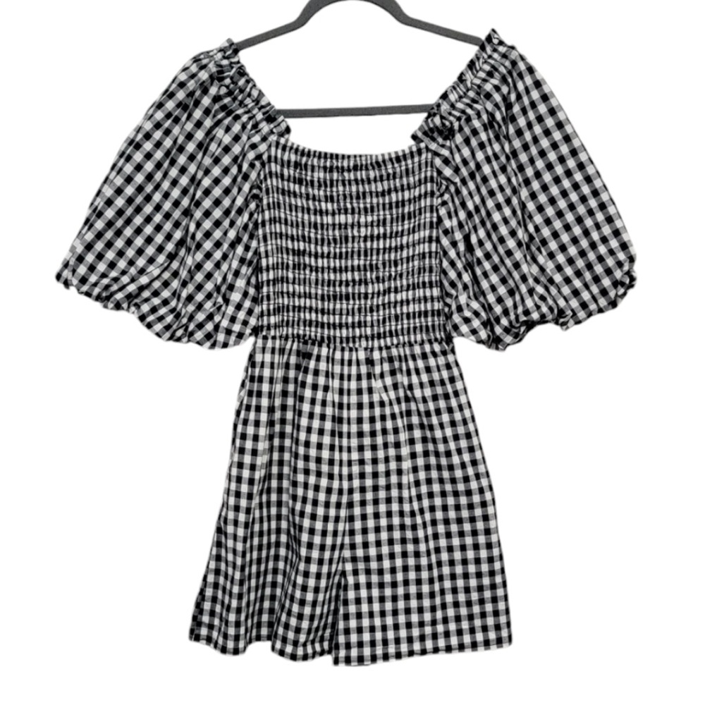 Anthropologie x Self Contrast Puff Sleeve Gingham Black White Smocked Romper XS - Picture 2 of 10